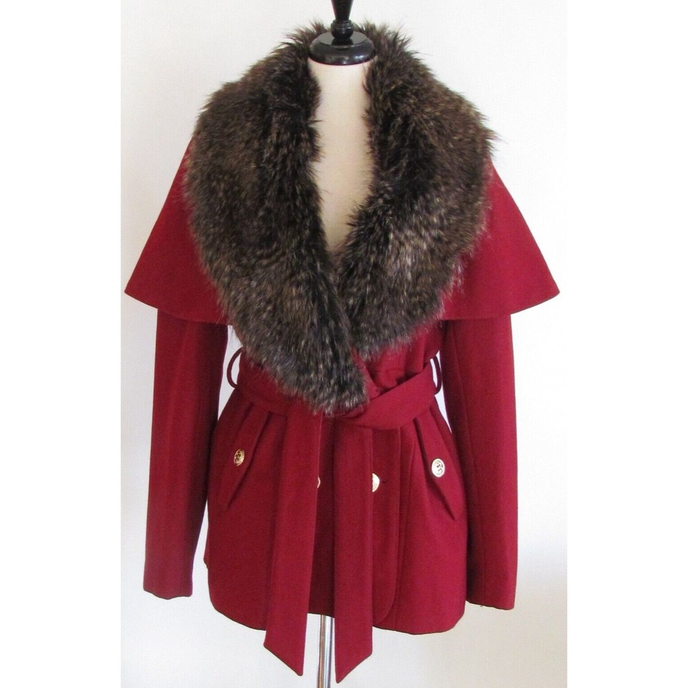 Steve Madden Burgundy Wool Capelet with Faux Fur Collar Double Breasted Coat L